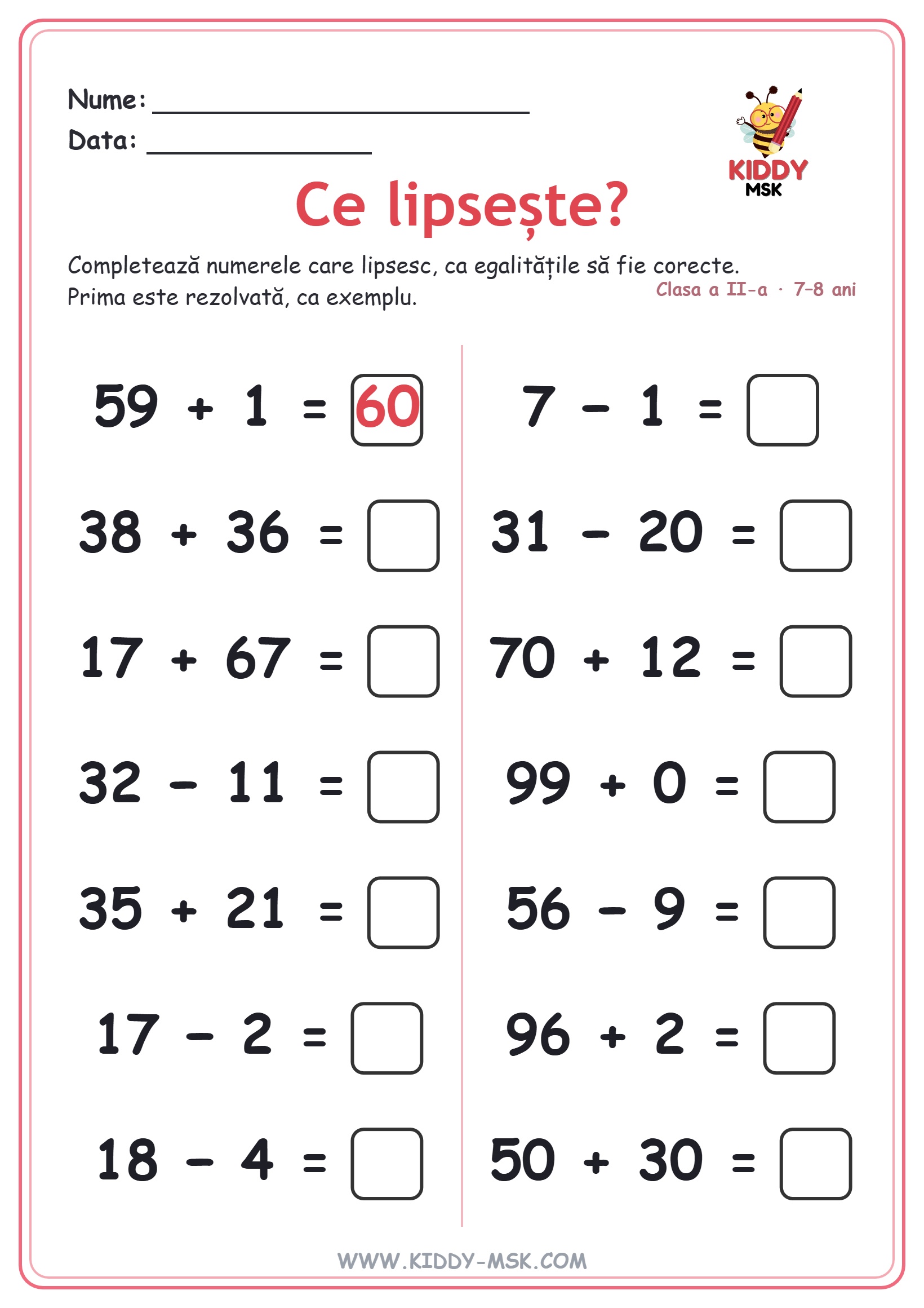 Ce lipsește? — operații până la 100 — prima pagină